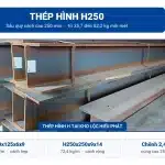 Thép hình H xếp tại kho Lộc Hiếu Phát, kèm barem H250x125x6x9 29,6 kg/m và H250x250x9x14 72,4 kg/m