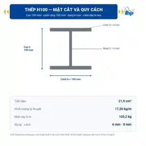 Mặt cắt thép hình H100x100x6x8 cao 100 mm cánh rộng 100 mm bụng dày 6 mm cánh dày 8 mm